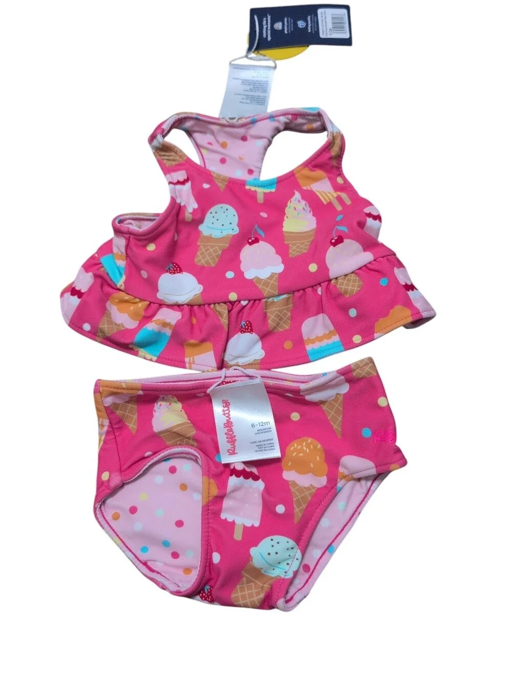 Ruffle Butts Baby Girl Swimsuit Reversible Ice Cream Cone Polka Dot Print 6-12mo